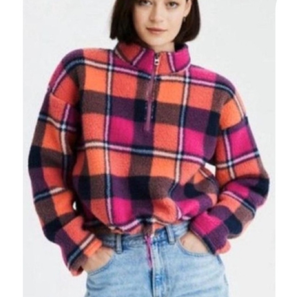 3 For $30😃 Old Navy Plaid Quarter Zip Sherpa Pullover Pink Orange Blue